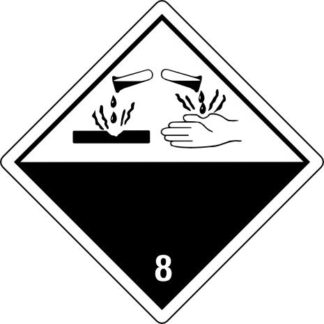 International Class 8 Corrosive - INT810 int810 labels, class 8 corrosive decals, international acid warning stickers, dangerous goods transport markings, dot hazmat labels, 4mil vinyl compliance decals, high tack chemical drum stickers, imdg export labels, pros choice printing