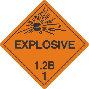 Explosive Label 1.2 explosive 1.2 labels, class 1.2 explosive decals, projection hazard stickers, dangerous goods transport markings, dot hazmat labels, 4mil vinyl compliance decals, high tack orange explosive labels, imdg export stickers, pros choice printing