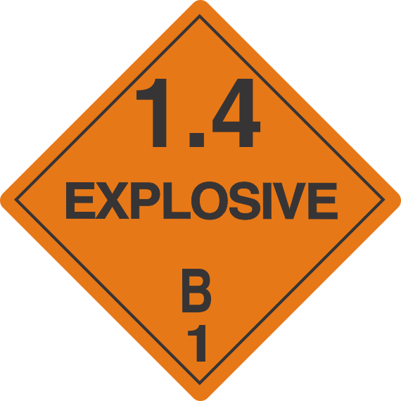 Explosive Label 1.4 explosive 1.4 labels, class 1.4 explosive decals, minor blast hazard stickers, dangerous goods transport markings, dot hazmat labels, 4mil vinyl compliance decals, high tack orange explosive labels, ammo shipping stickers, pros choice printing