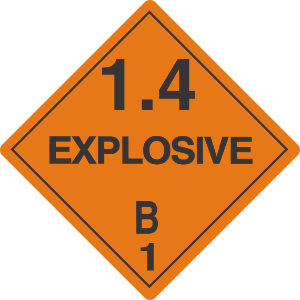 Explosive Label 1.4 explosive 1.4 labels, class 1.4 explosive decals, minor blast hazard stickers, dangerous goods transport markings, dot hazmat labels, 4mil vinyl compliance decals, high tack orange explosive labels, ammo shipping stickers, pros choice printing