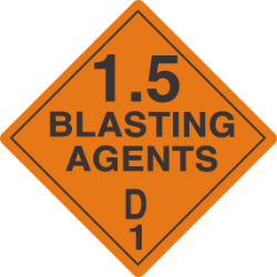 Explosive Label 1.5 - 1.6 explosive 1.5 labels, explosive 1.6 decals, division 1.5 blasting agents, division 1.6 insensitive explosives, dangerous goods transport markings, dot hazmat labels, 4mil vinyl compliance decals, high tack orange hazard stickers, pros choice printing