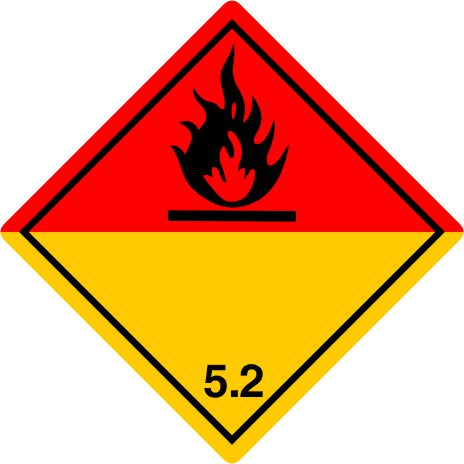 International Class 5 Organic Peroxide - INT520 int520 labels, class 5 organic peroxide decals, red and yellow hazard stickers, division 5.2 dangerous goods markings, dot hazmat labels, 4mil vinyl compliance decals, high tack chemical drum stickers, imdg export labels, pros choice printing