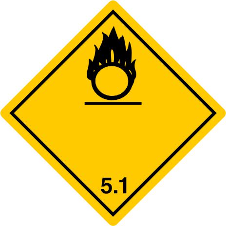 International Class 5 Oxidizer - INT510 int510 labels, class 5 oxidizer decals, yellow oxidizing substance stickers, division 5.1 dangerous goods markings, dot hazmat labels, 4mil vinyl compliance decals, high tack chemical drum stickers, imdg export labels, pros choice printing