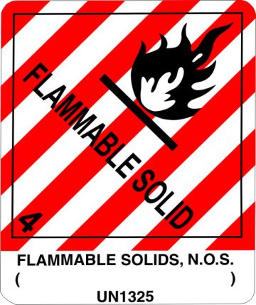 Flammable Solid, N.O.S. UN1325, Proper Shipping Name Labels  lp410s labels, industrial compliance decals, heavy duty shipping stickers, commercial transit markings, dot hazmat labels, 4mil vinyl compliance decals, high tack warehouse stickers, logistics handling graphics, pros choice printing