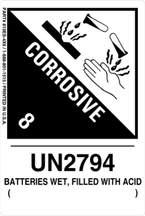 12mm - Batteries Wet Filled with Acid UN2794, Proper Shipping Name Labels  lp810es1 labels, vl810es1 decals, industrial compliance stickers, dual SKU logistics markings, heavy duty transport decals, 4mil vinyl compliance markers, high tack warehouse graphics, hazardous material packaging labels, pros choice printing