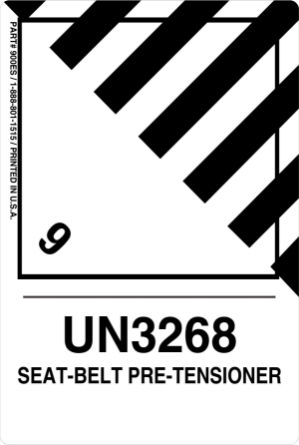 12mm - Seat Belt Pre Tensioner UN3268, Proper Shipping Name Labels  lp900es4 labels, vl900es4 decals, industrial compliance stickers, dual SKU logistics markings, heavy duty transport decals, 4mil vinyl compliance markers, high tack warehouse graphics, hazardous material packaging labels, pros choice printing