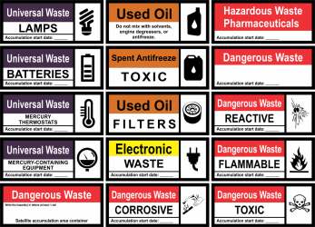 Hazardous ID Labels Waste labels for Batteries, Lamps, Used Oil, Filters, Mercury Thermostats