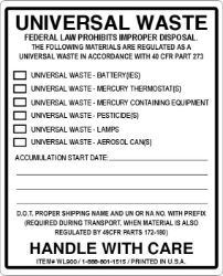 WL900 universal waste 4x4 label, universal waste, battery, lamps, bulbs, pestisides