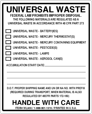 WL900 universal waste 4x4 label, universal waste, battery, lamps, bulbs, pestisides
