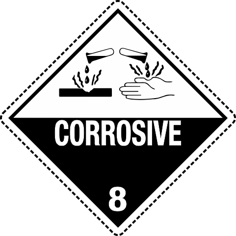 Corrosive Dashed - 815 Corrosive Dashed Labels in Vinyl or Paper, Hazard Class 7 Labels, DOT Labels, hazmat, shipping