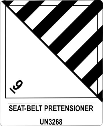 Seat Belt Pre Tensioner UN3268, Proper Shipping Name Labels  900s4 labels, industrial compliance decals, heavy duty shipping stickers, commercial transit markings, dot hazmat labels, 4mil vinyl compliance decals, high tack warehouse stickers, logistics handling graphics, pros choice printing
